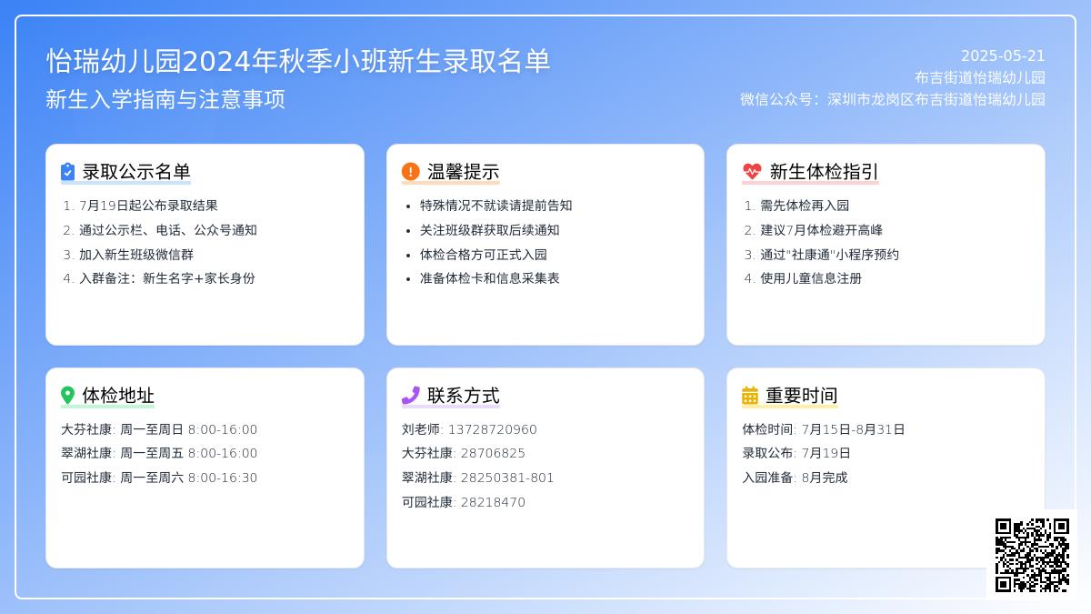 深圳市龙岗区布吉街道怡瑞幼儿园2024年秋季小班招生录取公告