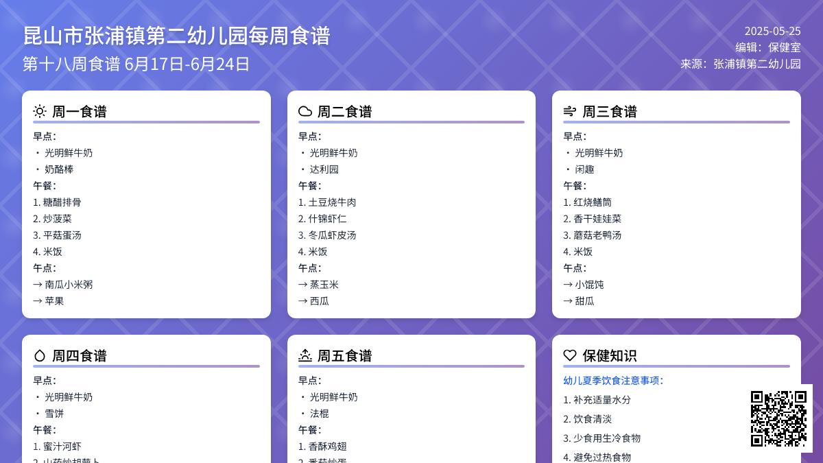 【健康二幼】本部第十八、十九周幼儿食谱