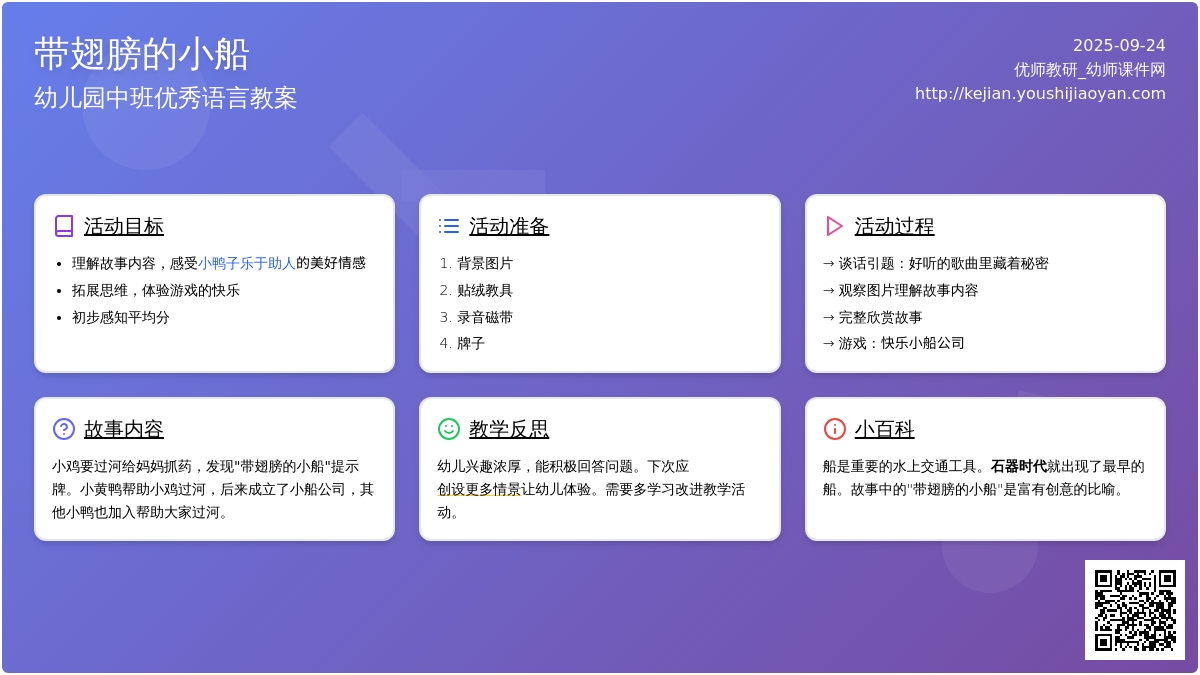 幼儿园中班优秀语言教案《带翅膀的小船》含反思