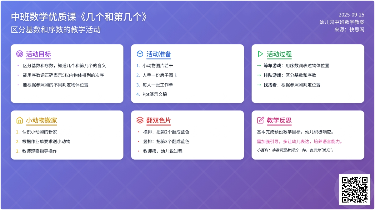 幼儿园中班数学优质课教案《几个和第几个》含反思