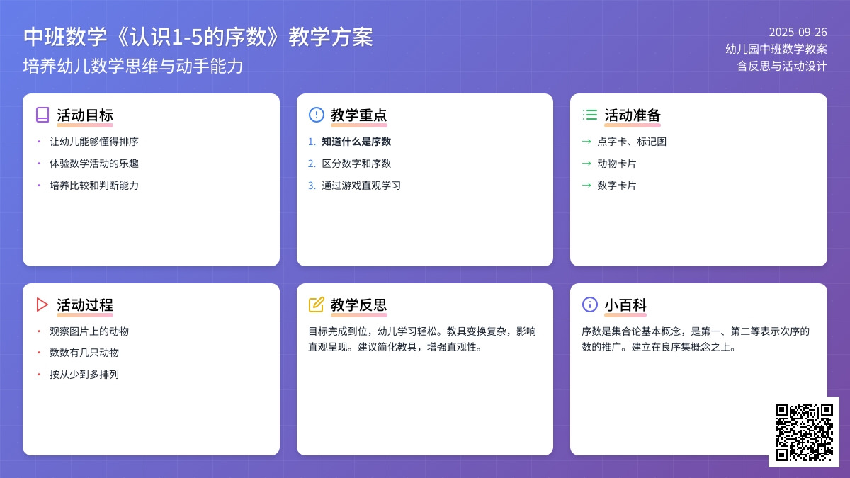幼儿园中班数学教案《认识1-5的序数》含反思