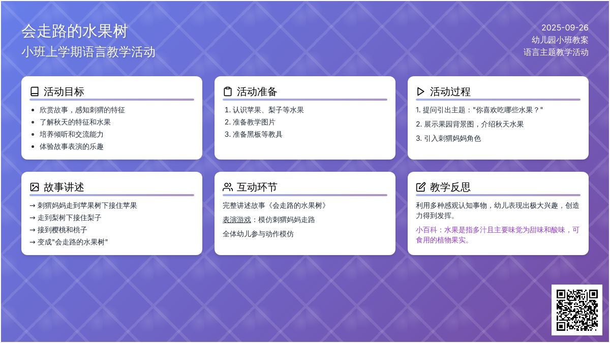 幼儿园小班上学期语言教案《会走路的水果树》含反思