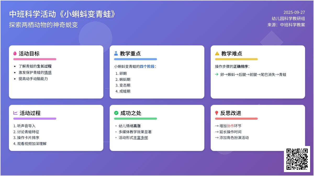 幼儿园中班科学教案活动《小蝌蚪变青蛙》含反思