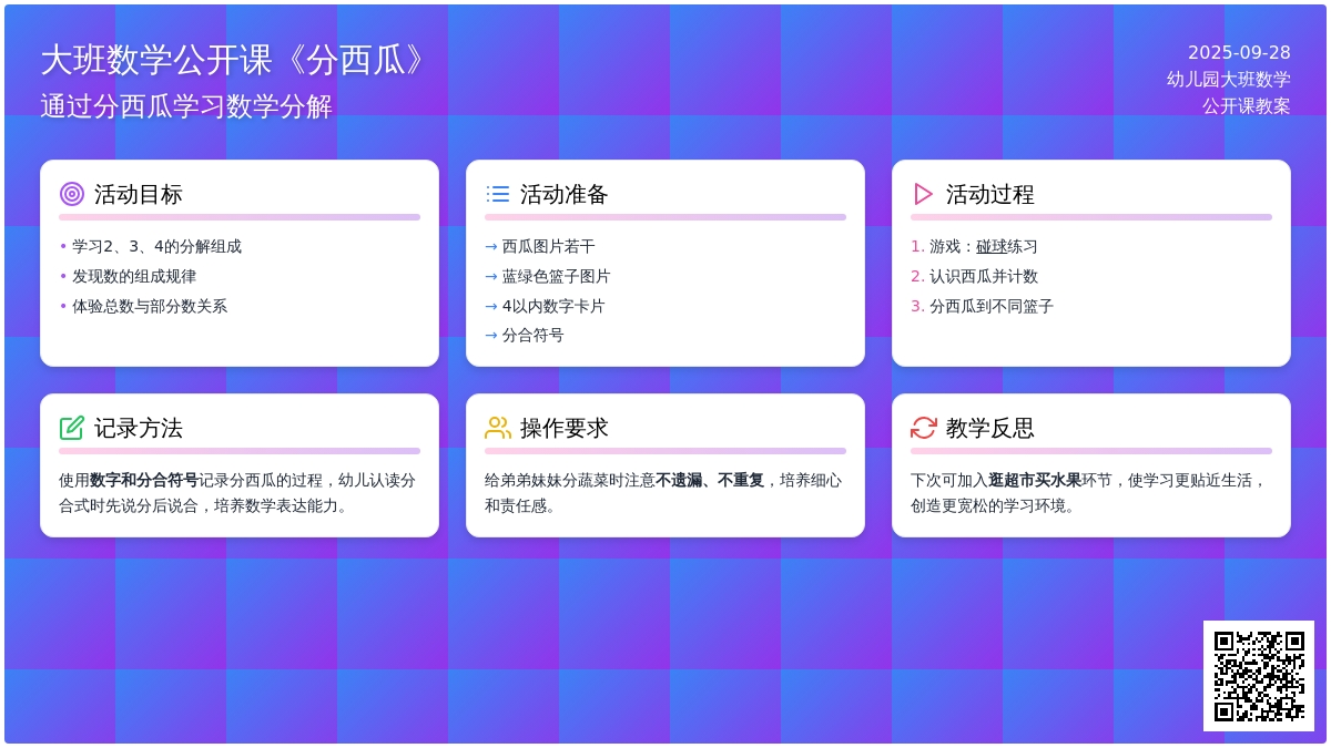 幼儿园大班数学公开课教案《分西瓜》含反思