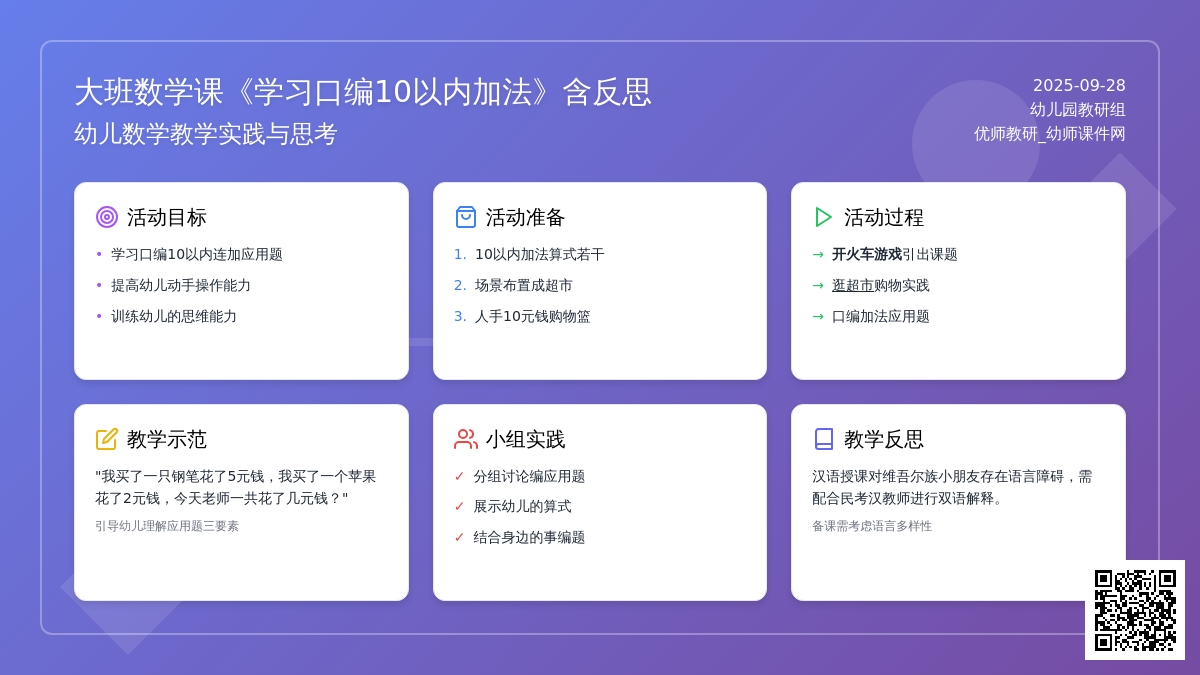 幼儿园大班数学课教案《学习口编10以内加法》含反思