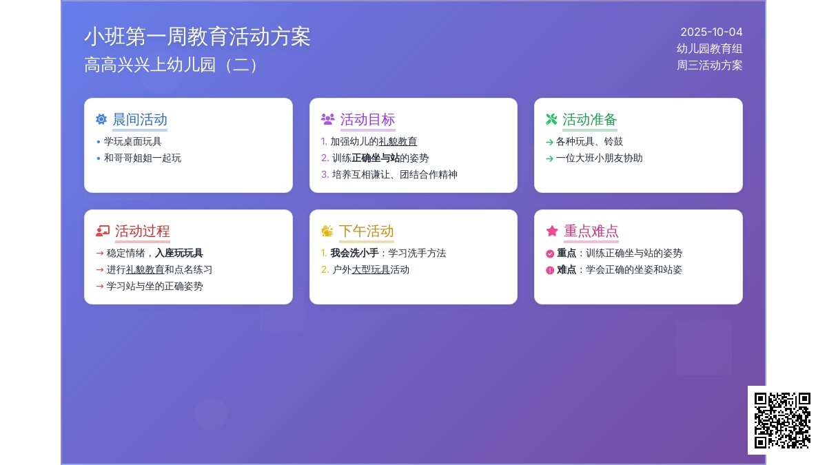 小班第一周教育活动方案（周三）