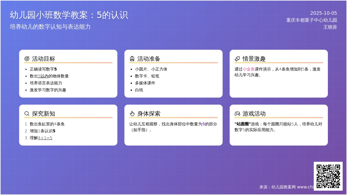 幼儿园小班数学教案：5的认识―幼儿园小班教案