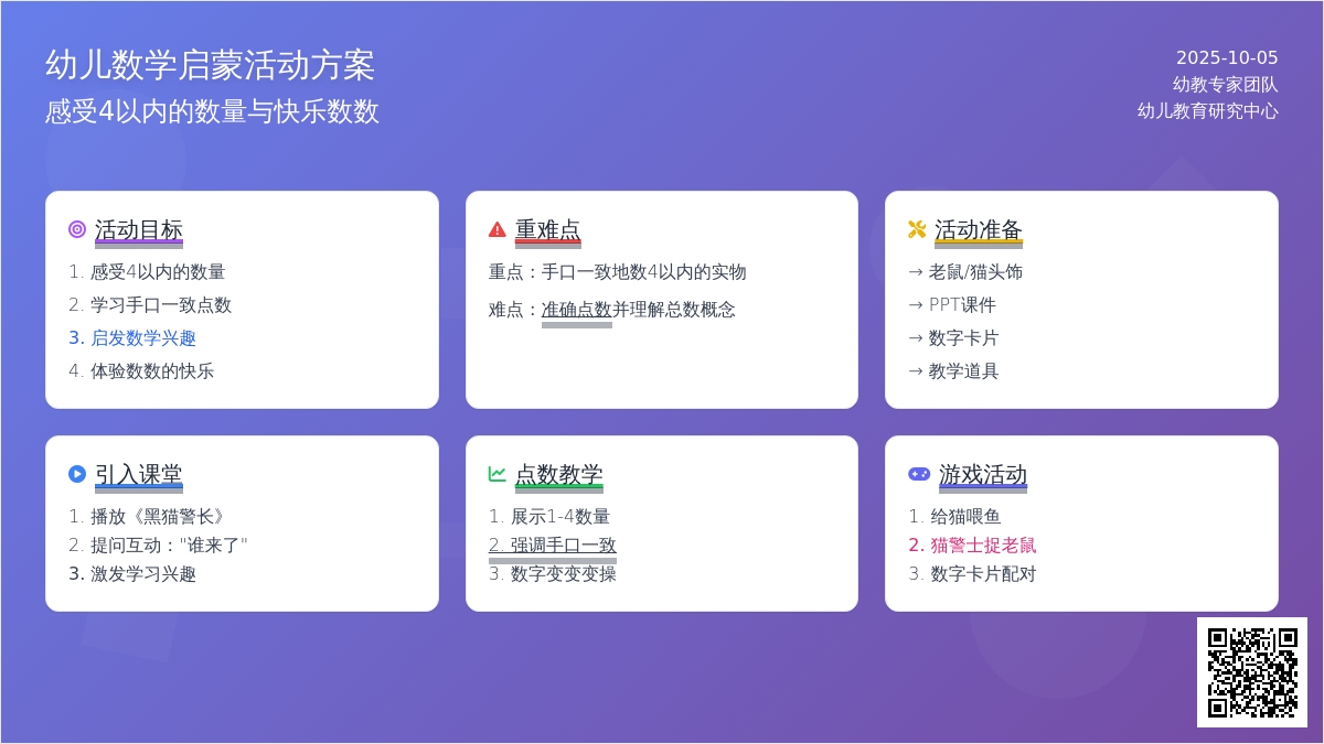 幼儿园小班数学活动：猫捉老鼠（点数4)