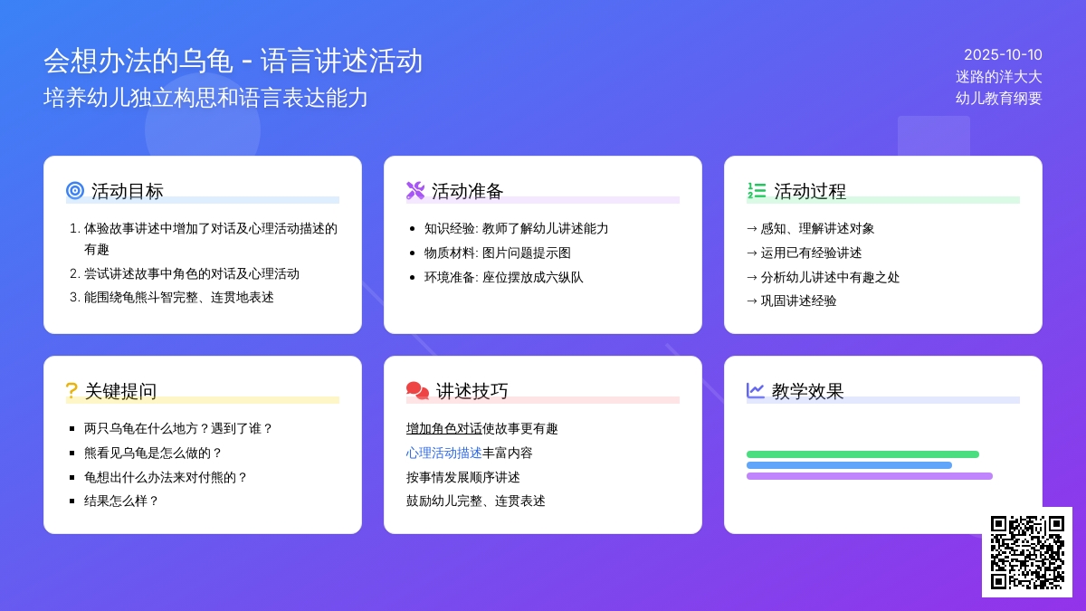 活动名称：大班语言讲述活动《会想办法的乌龟》
