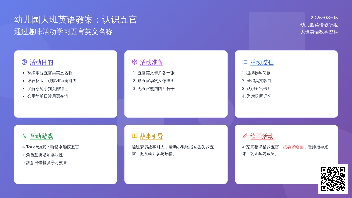 幼儿园大班英语教案：认识五官