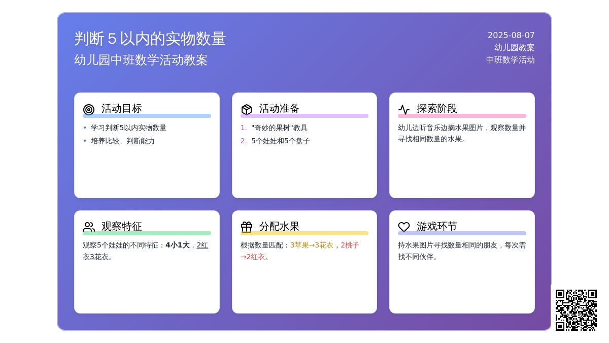 幼儿园中班数学活动教案：判断５以内的实物数量