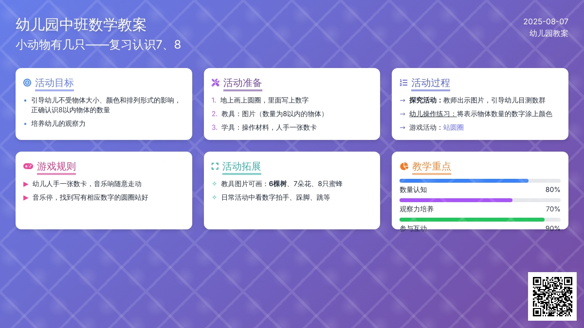 幼儿园中班数学教案：小动物有几只�D�D复习认识7、8