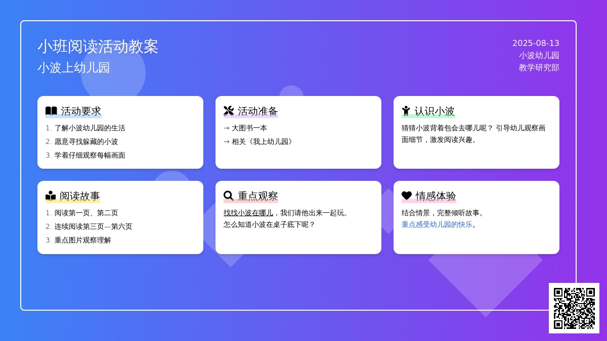 小班阅读活动教案：小波上幼儿园