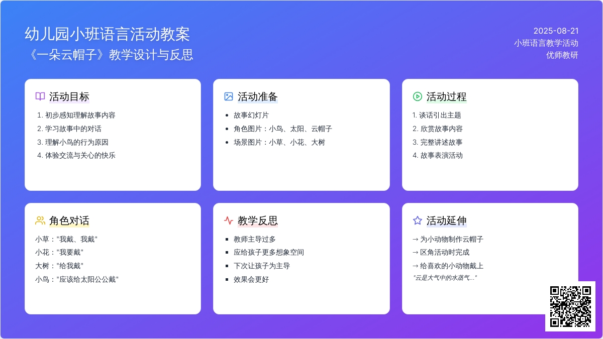幼儿园小班教案《一朵云帽子》含反思