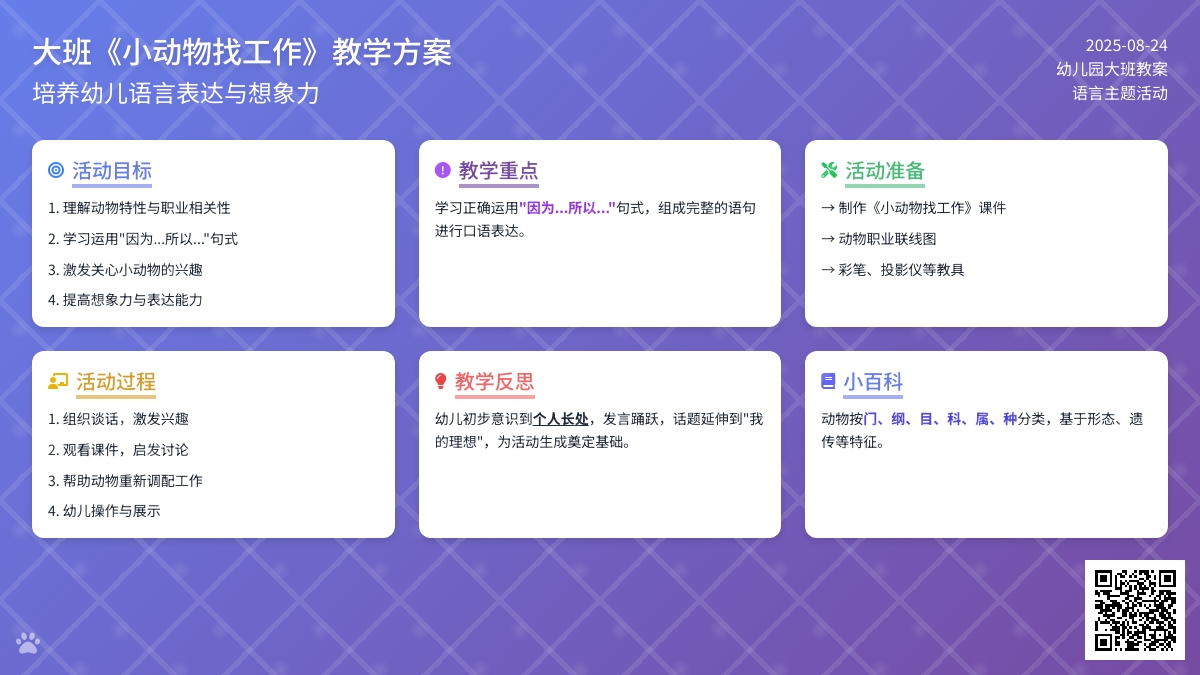幼儿园大班教案《小动物找工作》含反思
