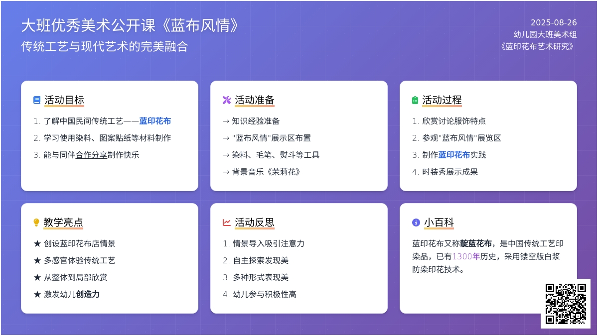 幼儿园大班优秀美术公开课教案《蓝布风情》含反思