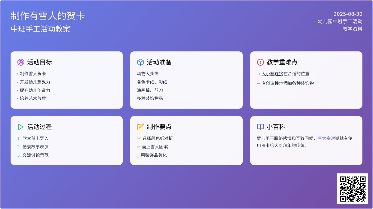 幼儿园中班手工活动教案《制作有雪人的贺卡》