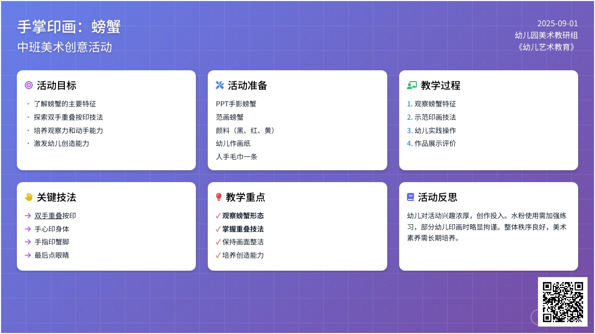 幼儿园中班下学期美术教案《手掌印画：螃蟹》含反思