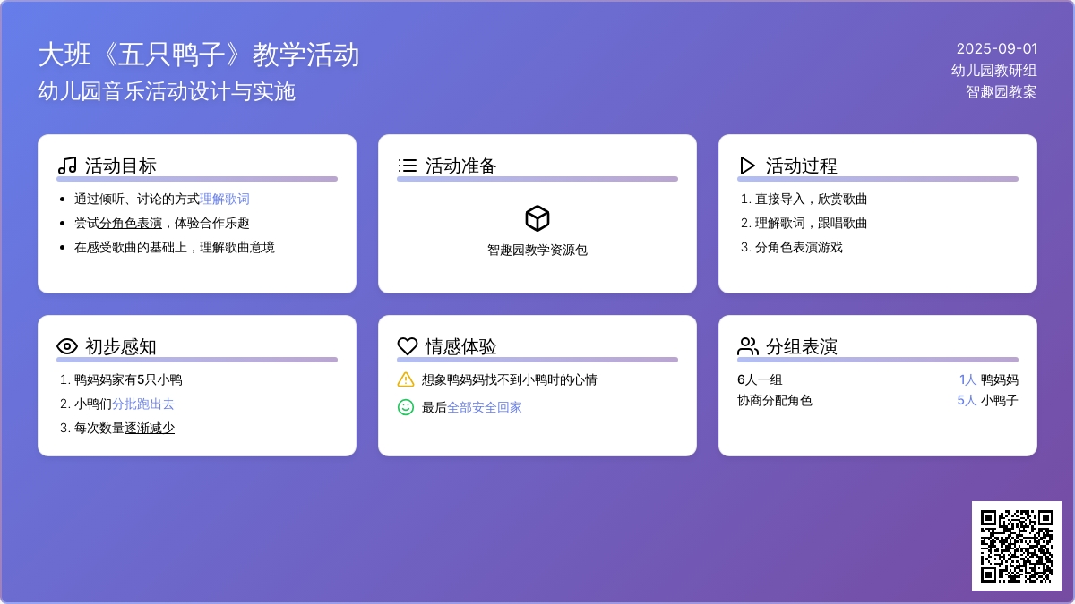幼儿园大班教案《五只鸭子》