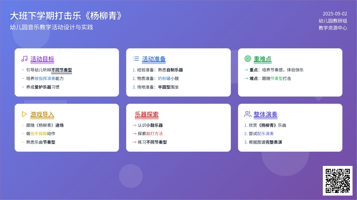 幼儿园大班下学期打击乐教案《杨柳青》