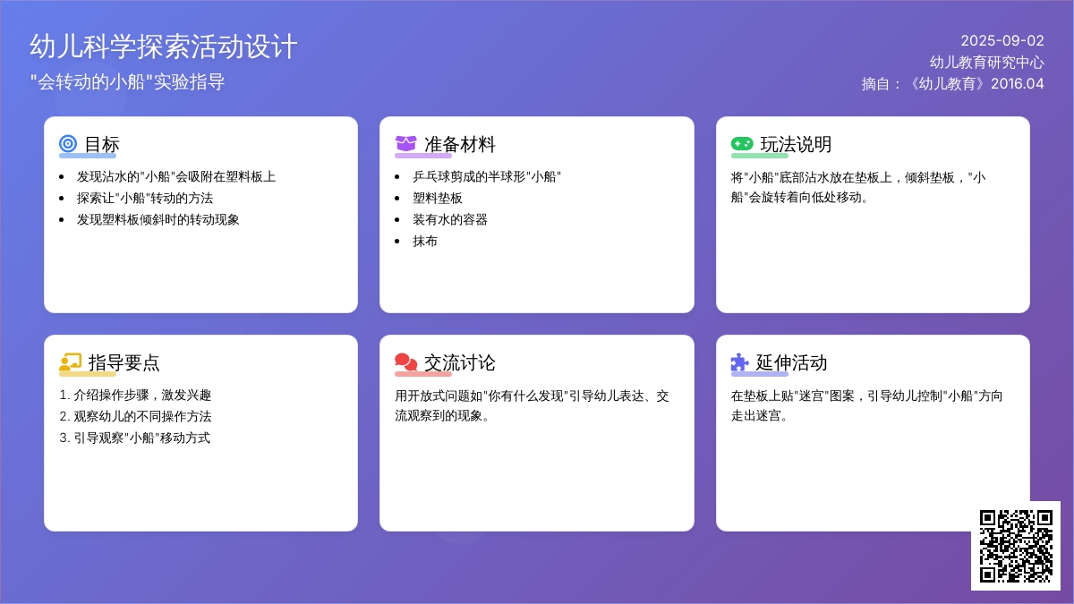 幼儿园中班科学区游戏活动：会转动的小船