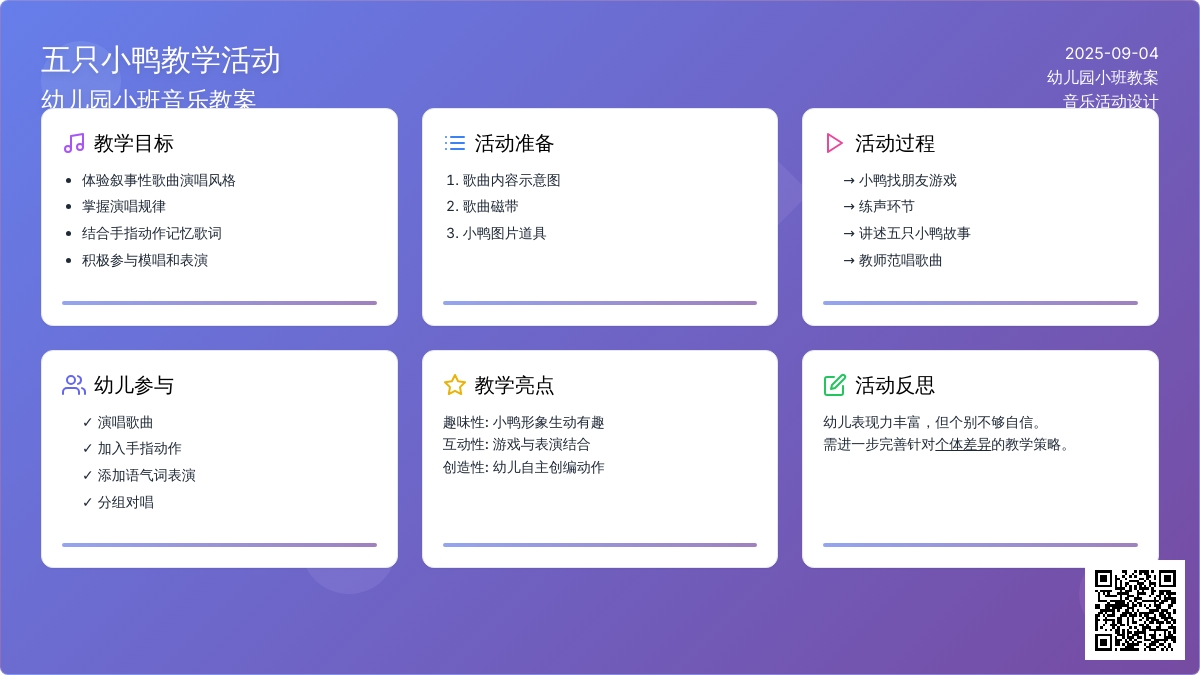 幼儿园小班教案《五只小鸭》含反思