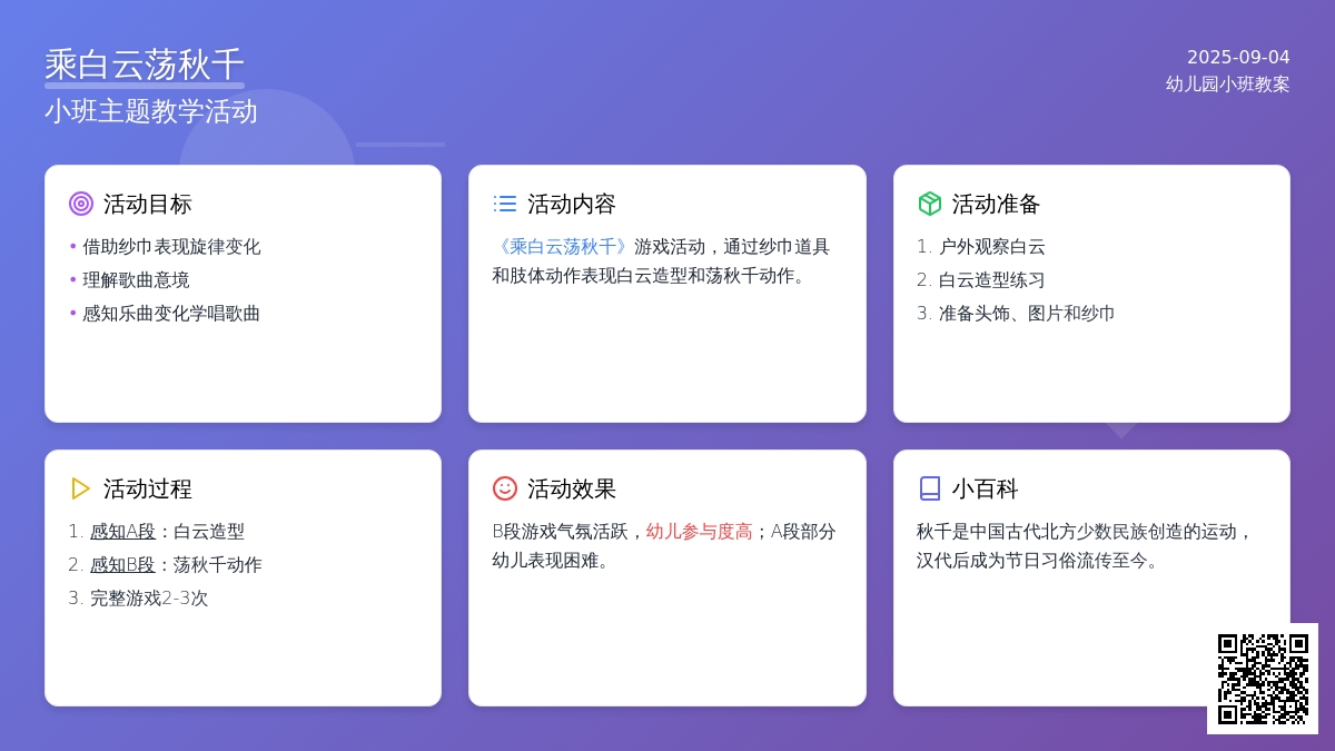 幼儿园小班教案《乘白云荡秋千》含反思