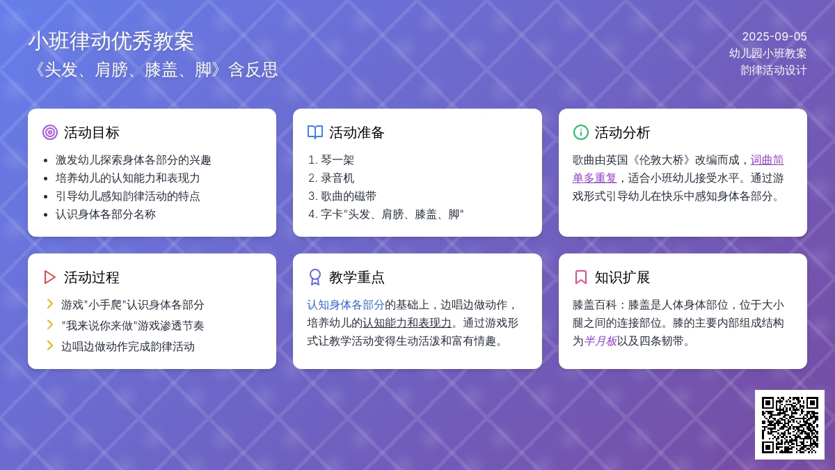 幼儿园小班律动优秀教案《头发、肩膀、膝盖、脚》含反思