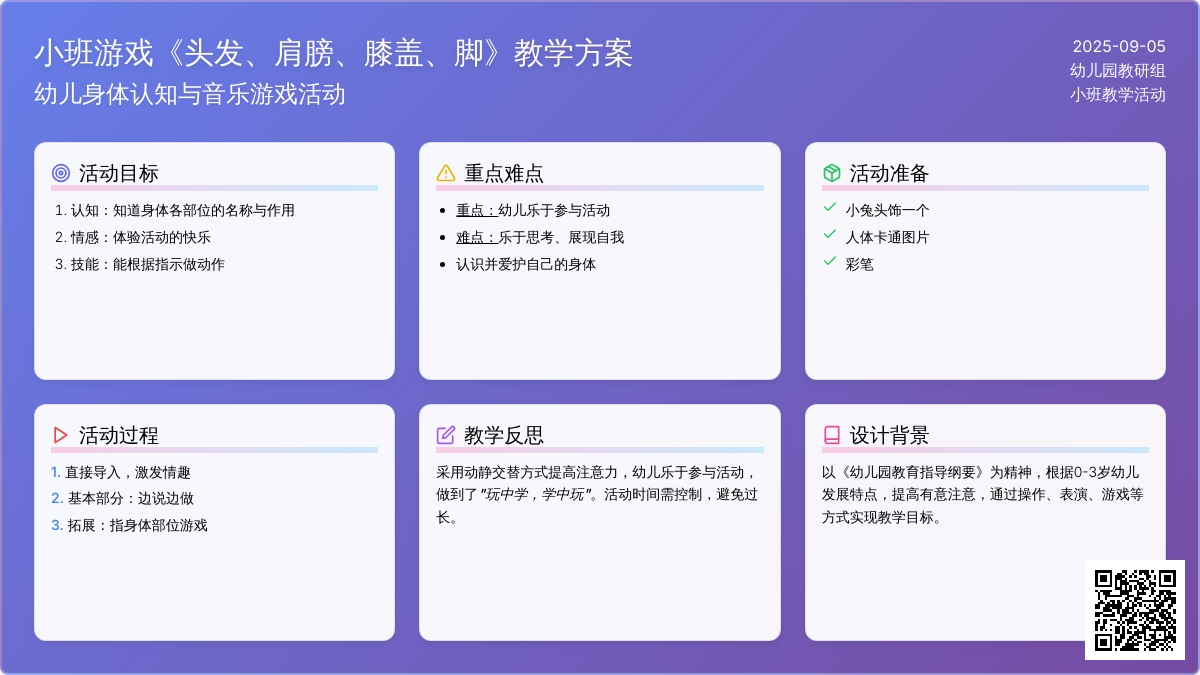 幼儿园小班音乐游戏教案《头发、肩膀、膝盖、脚》含反思