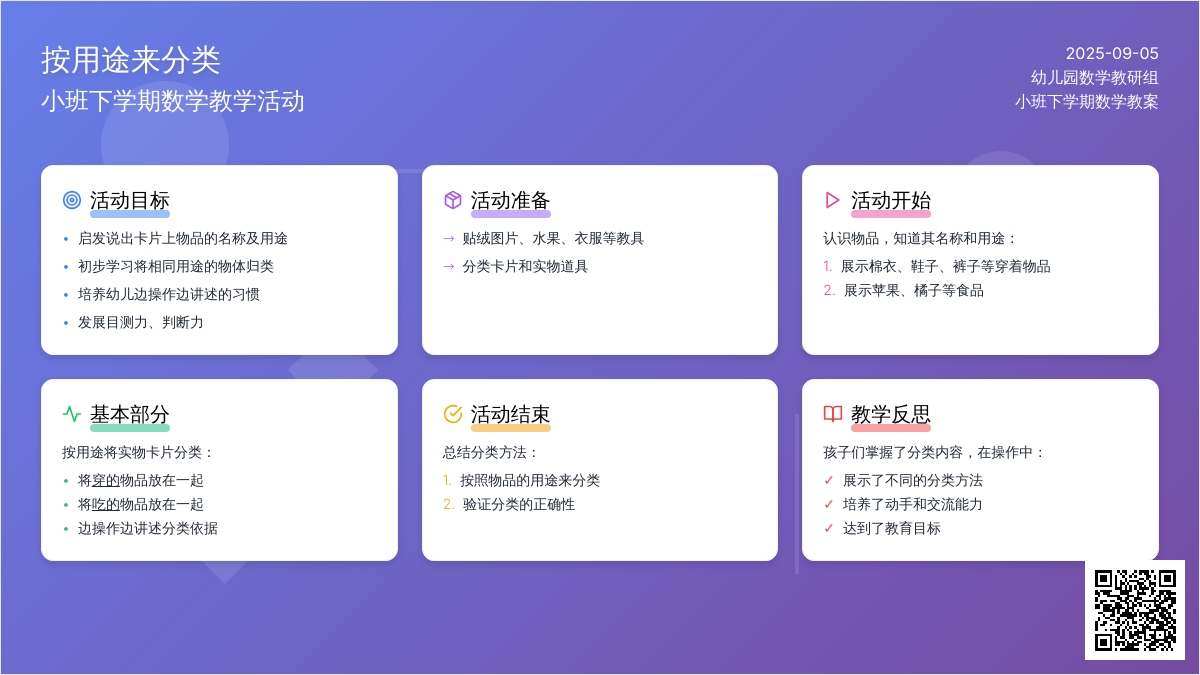 小班下学期数学教案《按用途来分类》含反思