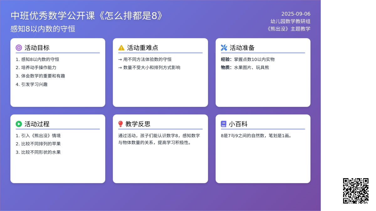 幼儿园中班优秀数学公开课教案《怎么排都是8 》含反思