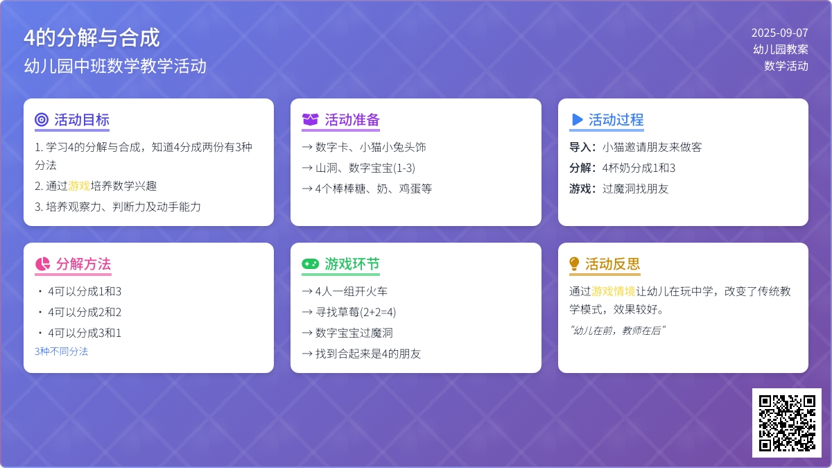 幼儿园中班教案《4的分解与合成》含反思