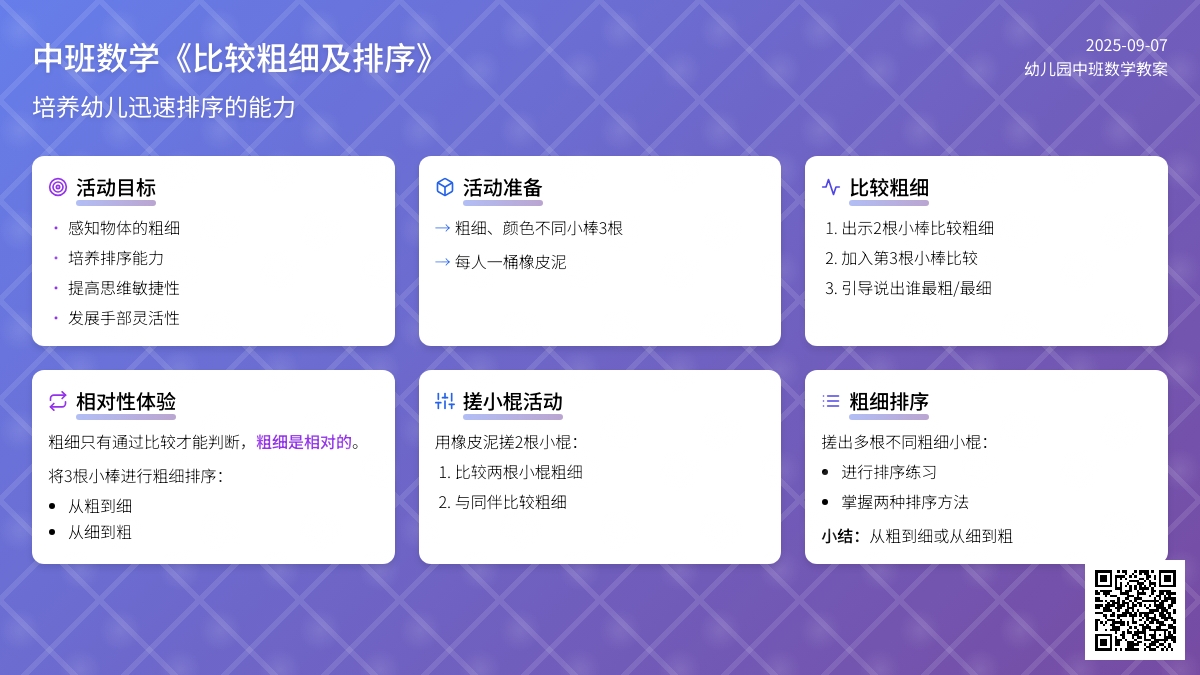 幼儿园中班数学教案《比较粗细及排序》