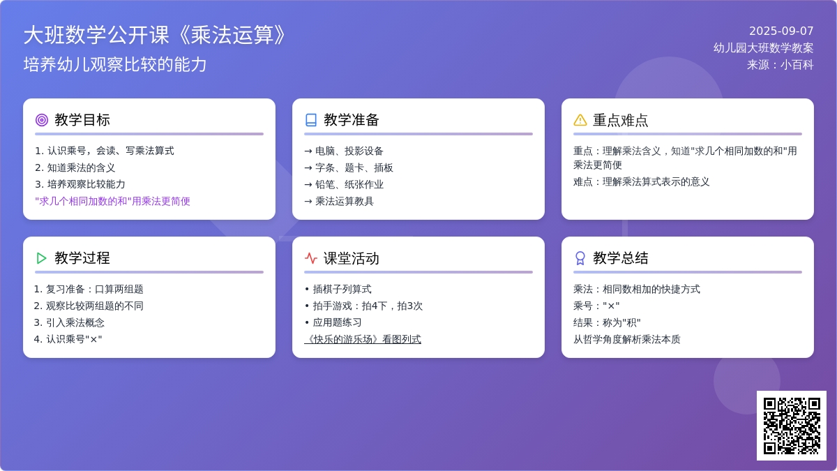 幼儿园大班数学公开课教案《乘法运算》