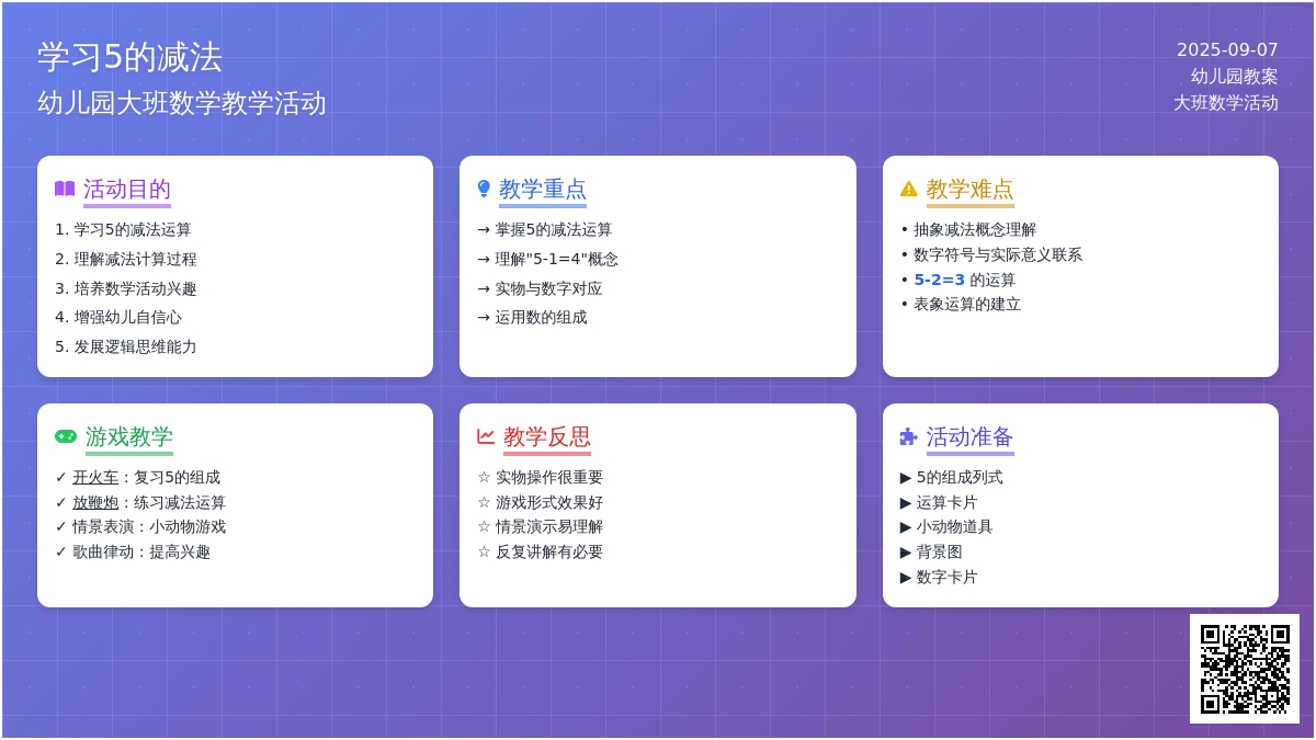 幼儿园大班教案《学习5的减法》含反思