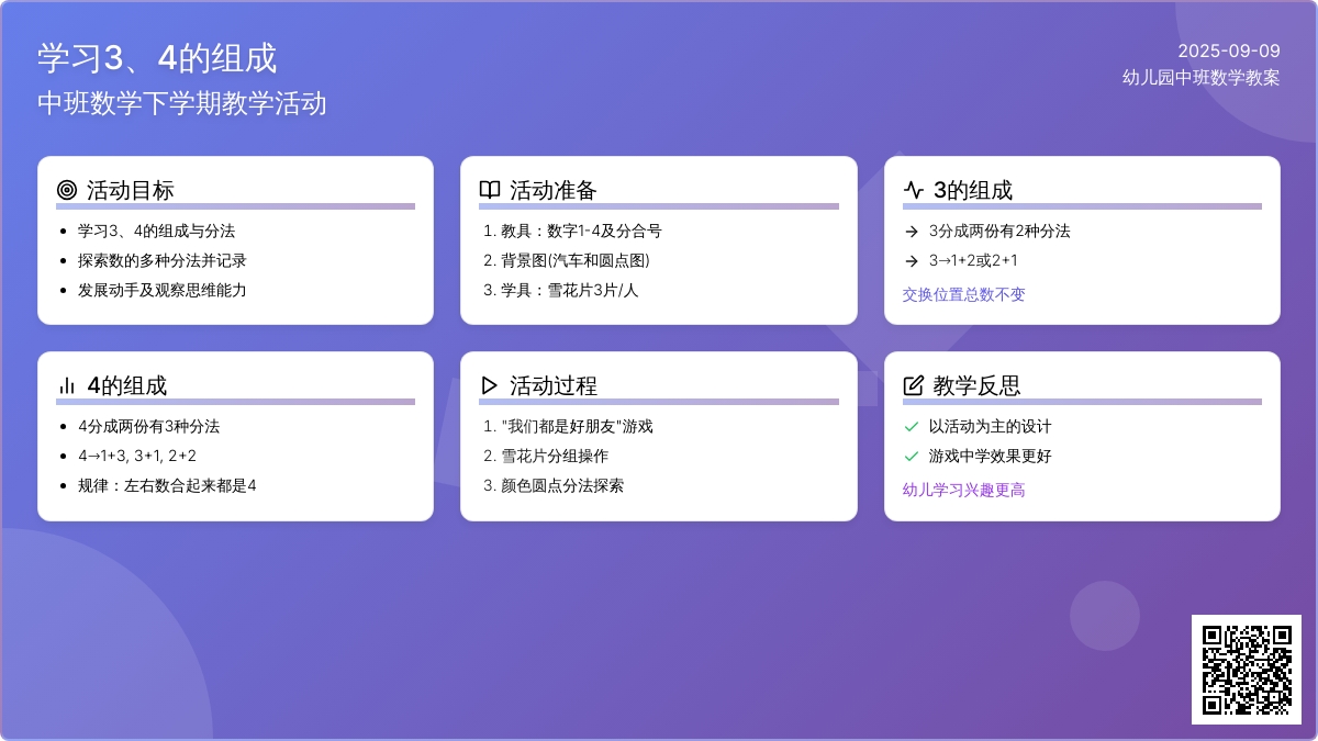 幼儿园中班数学下学期教案《学习3、4的组成》含反思