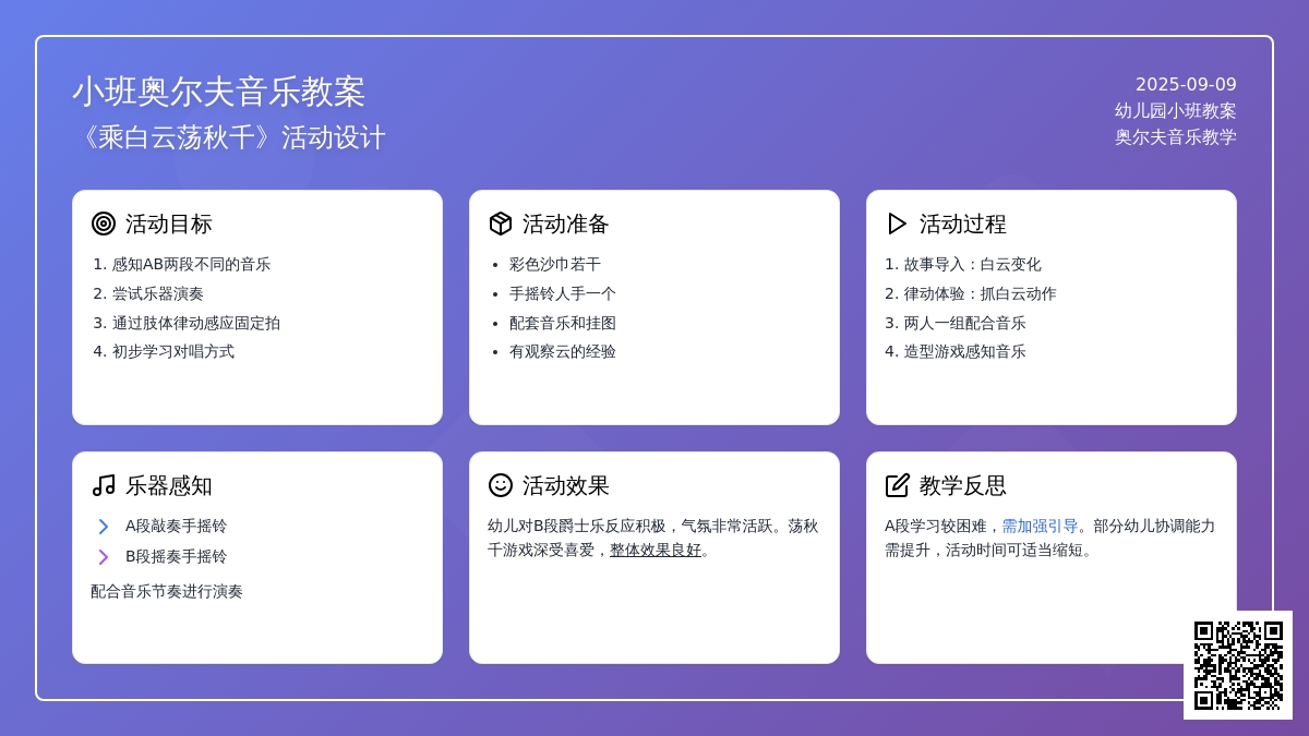 幼儿园小班奥尔夫音乐教案《乘白云荡秋千》含反思