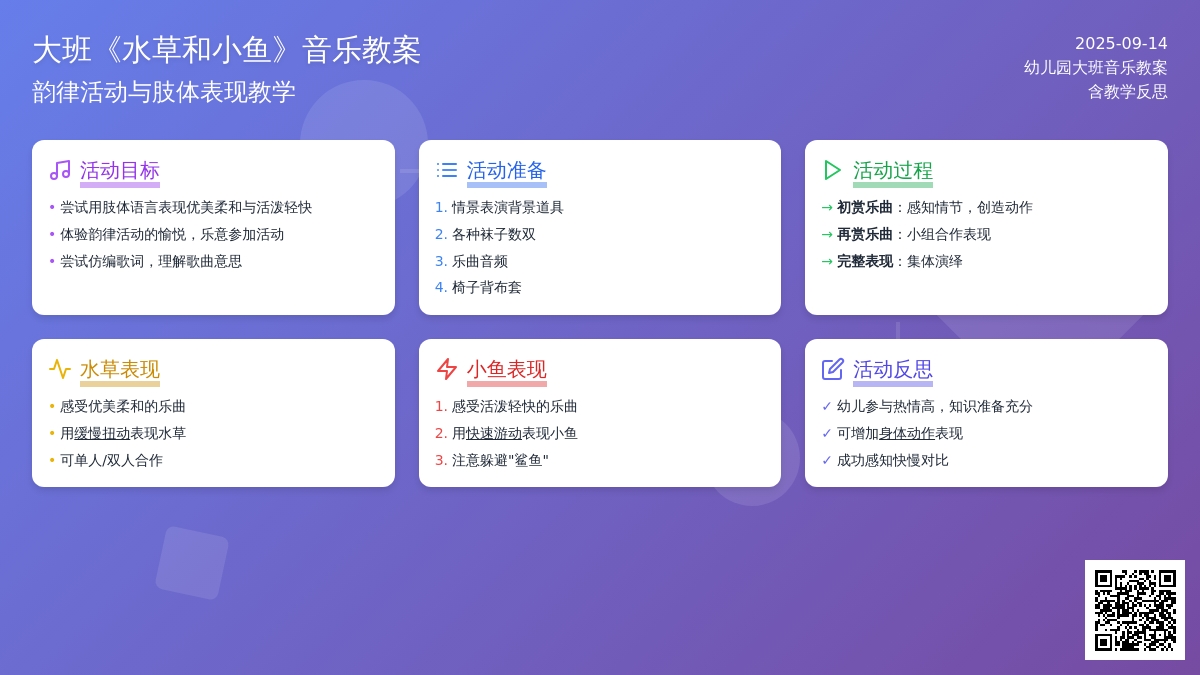 幼儿园大班音乐教案《水草和小鱼》含反思