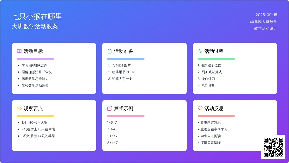 幼儿园大班数学教案《七只小猴在哪里》含反思