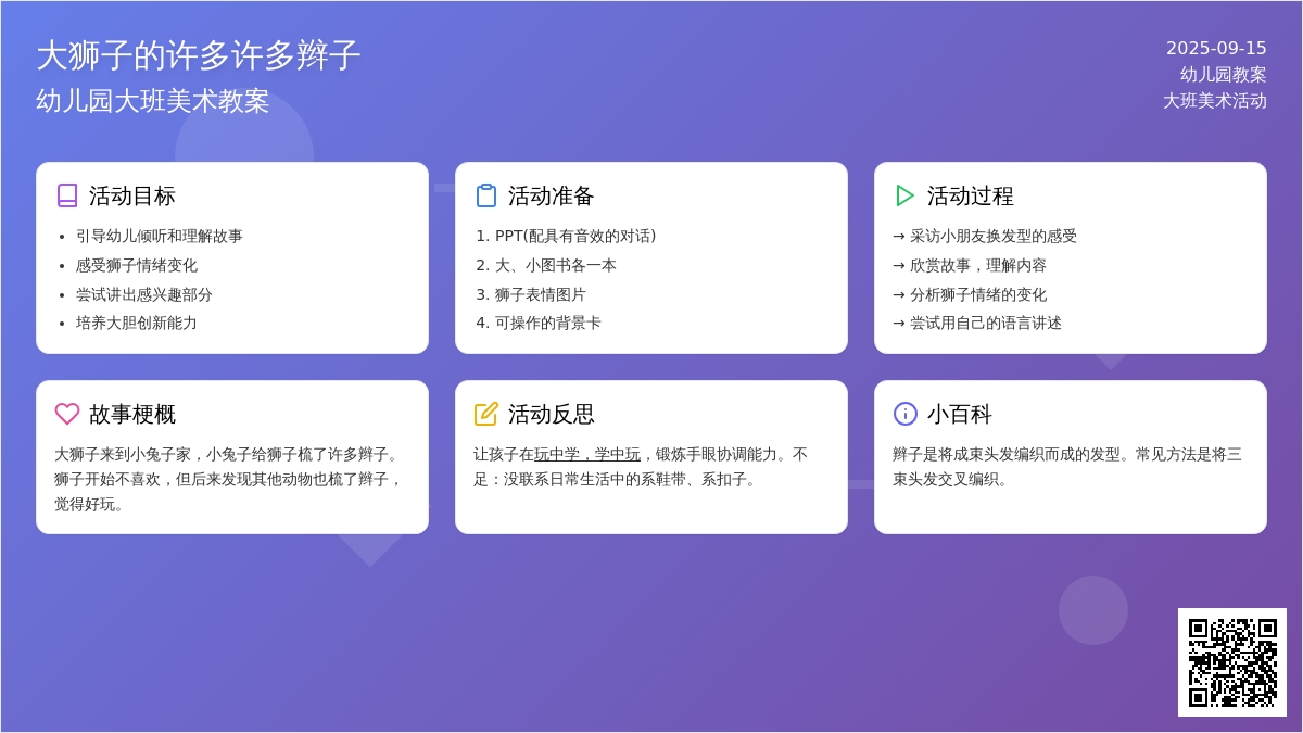 幼儿园大班美术教案《大狮子的许多许多辫子》含反思