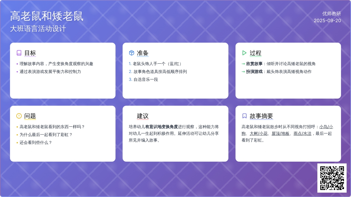 幼儿园大班语言活动设计――高老鼠和矮老鼠