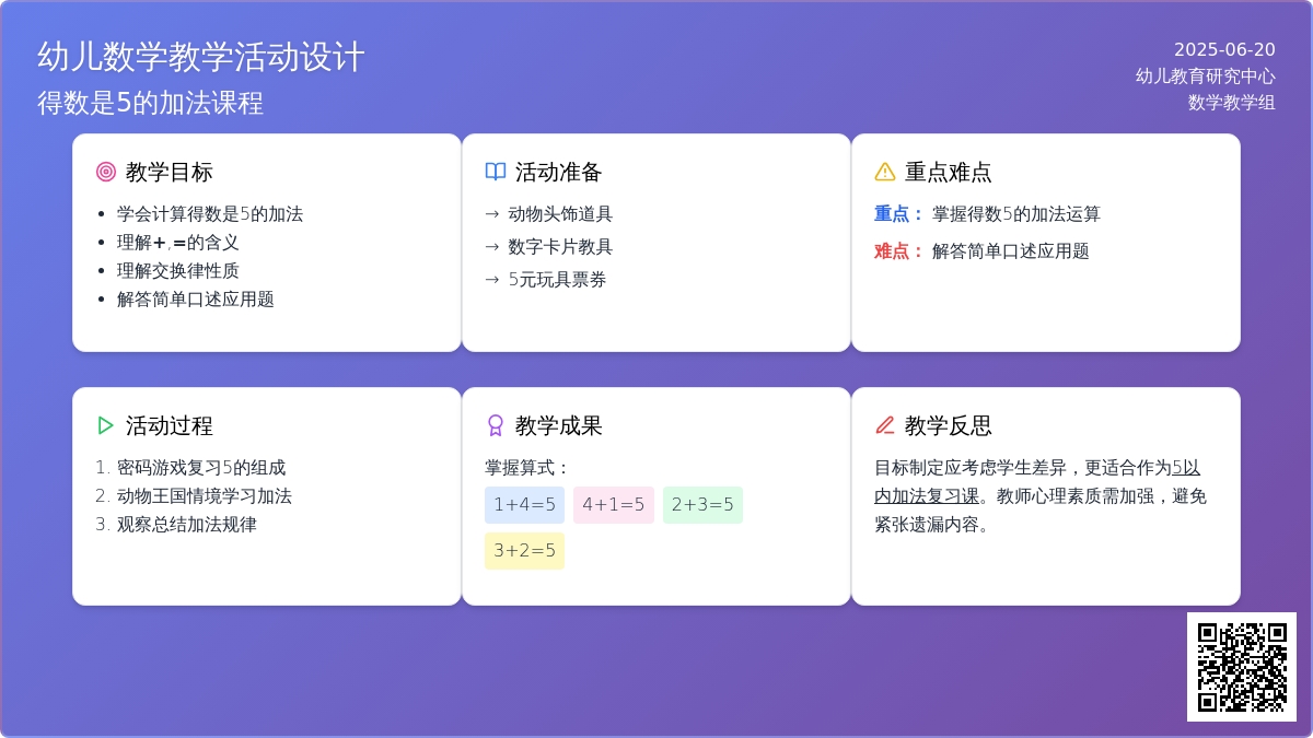 中班数学得数是5的加法教案反思