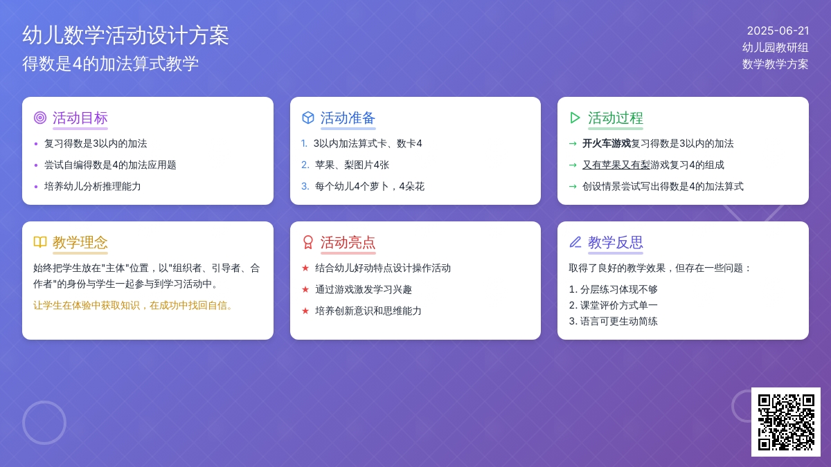 中班数学得数是4的加法教案反思