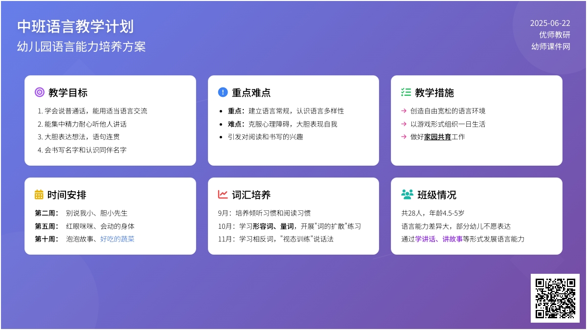 中班语言教学计划（精选）