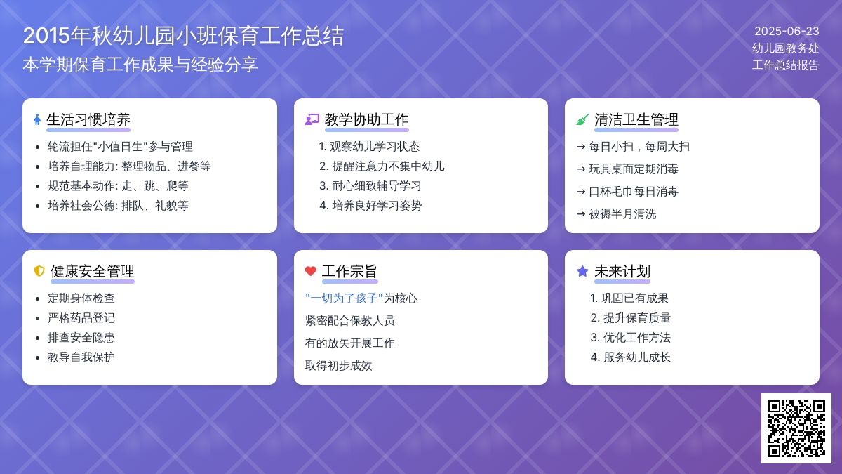 2015年秋幼儿园小班保育工作总结