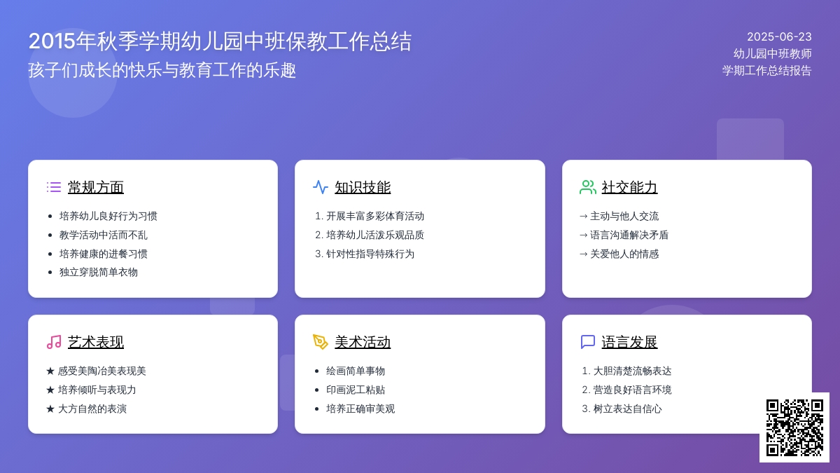 2015年秋季幼儿园中班保教工作总结