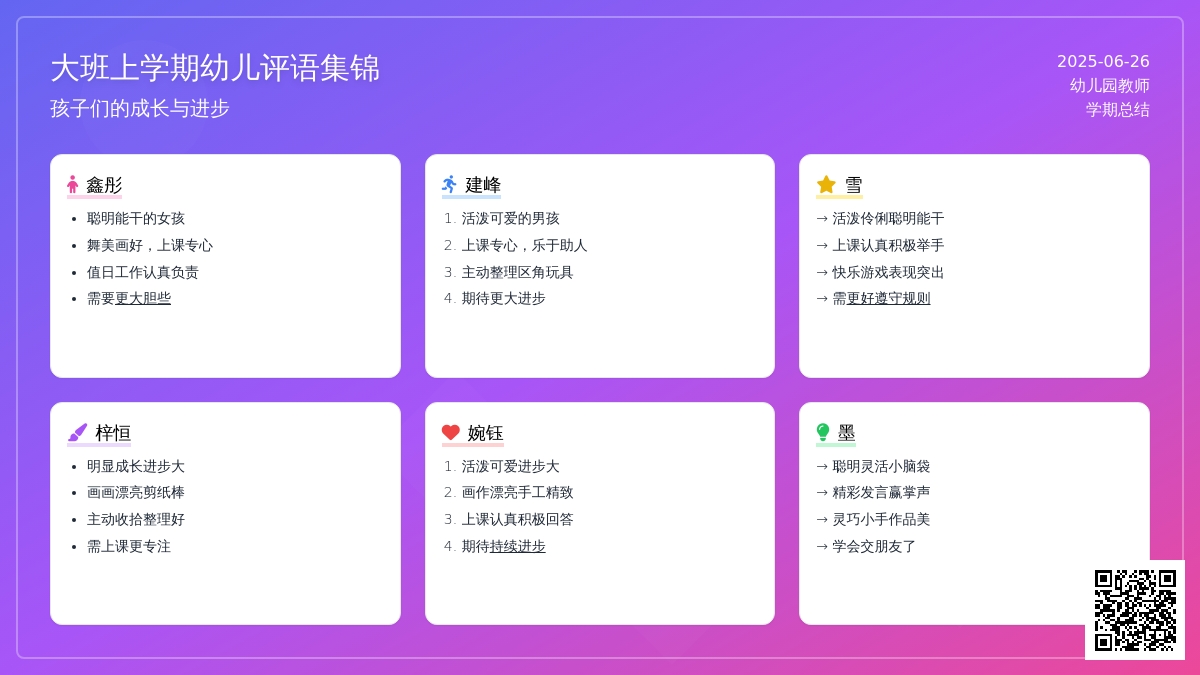 大班上学期幼儿评语集锦