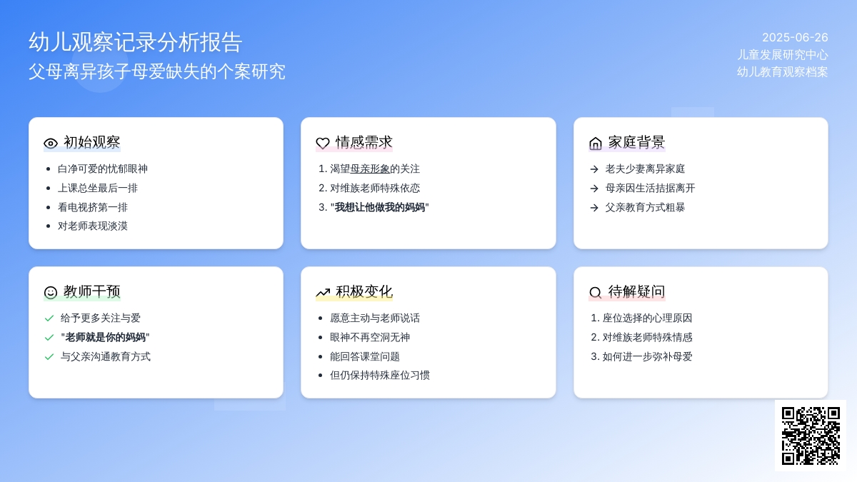 幼儿观察记录《父母离异孩子母爱缺失》