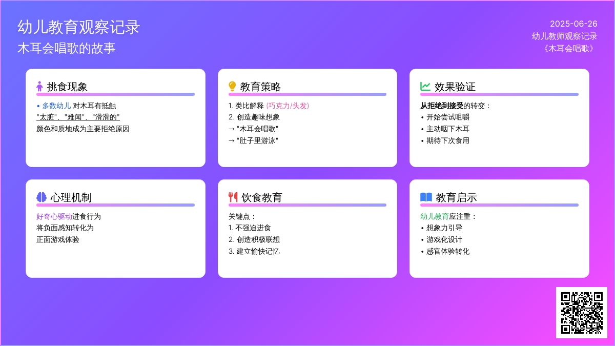 幼儿教师观察记录《木耳会唱歌》