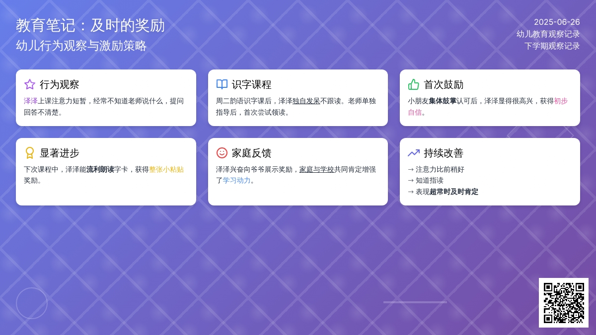 幼儿下学期观察记录《及时的奖励》